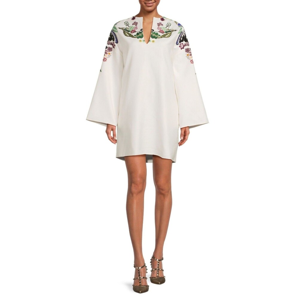 $5500 Valentino Women's Floral Embroidery Cotton Mini Shift Dress Size 40 / US 4